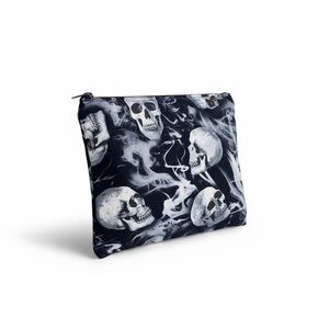 Handmade: Skull Printed Zip Top Makeup Bag ☻︎ Halloween ☻ Black + White ☻
